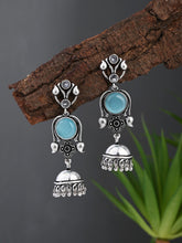 Silver oxydised lightweight long Jhumka Blue