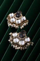 Gold-Plated Black Kundan Half Chandbali Earrings
