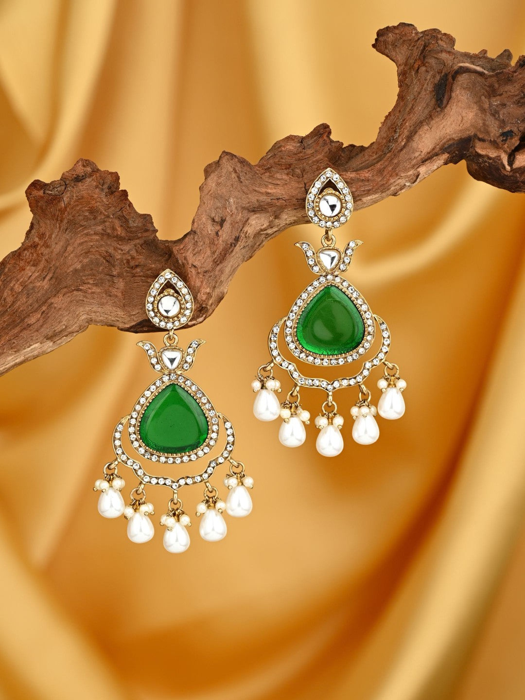 Myra Green Kundan Drop Earrings with Pearl Accents