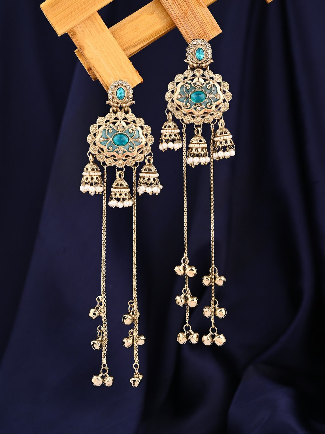 Gold-Toned Long Drop Earrings with Turquoise Stone Accents