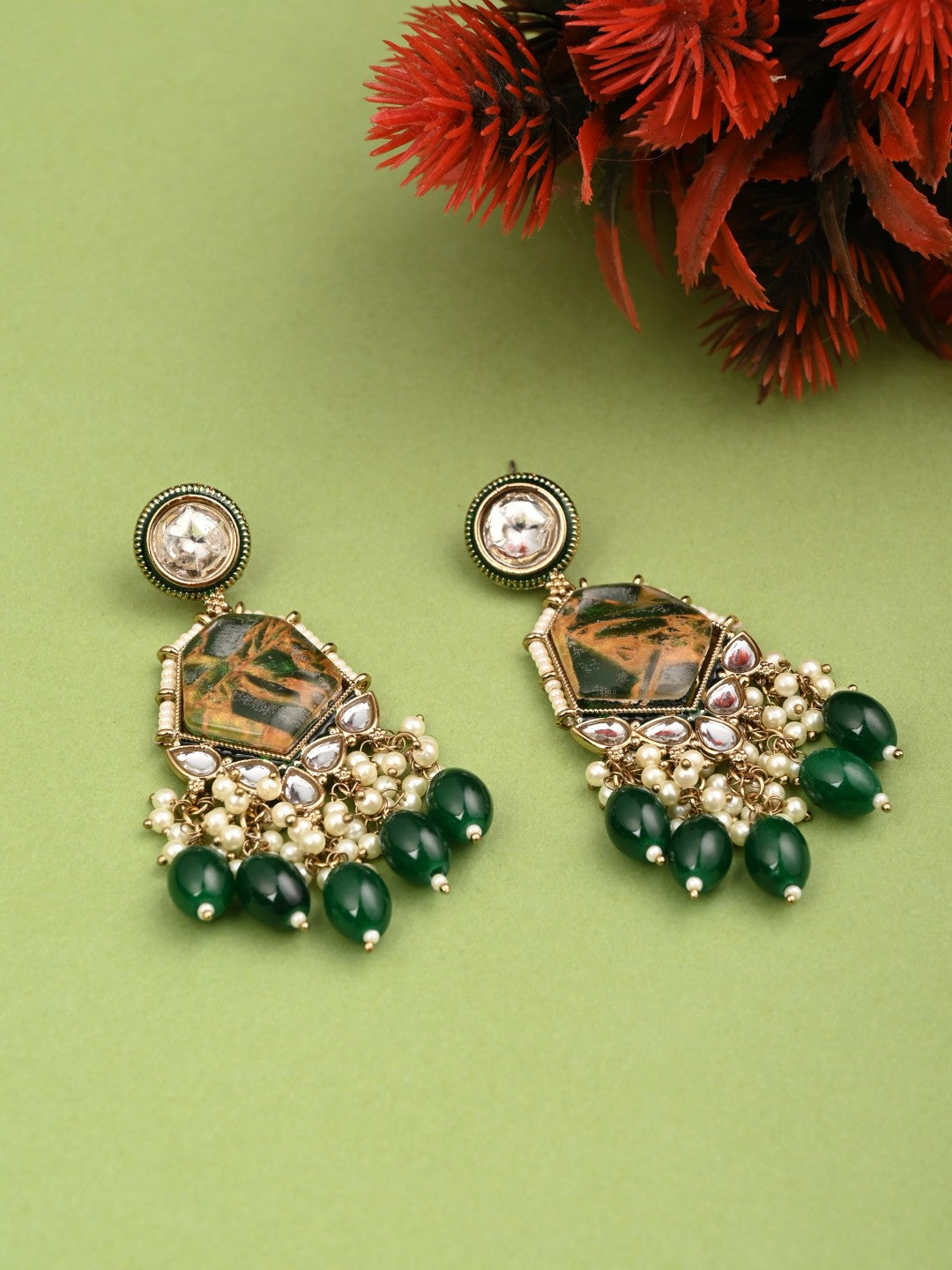Gold plated two tone Geometric stone drop earring - Green