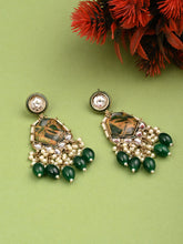 Gold plated two tone Geometric stone drop earring - Green