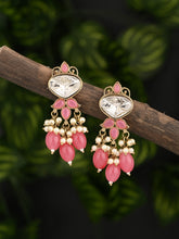 Gold plated Kundan & Pearl drop Earrings- Pink