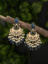 Gold-Plated Meenakari Stud Earrings with Kundan & Pearl Cluster drops - blue
