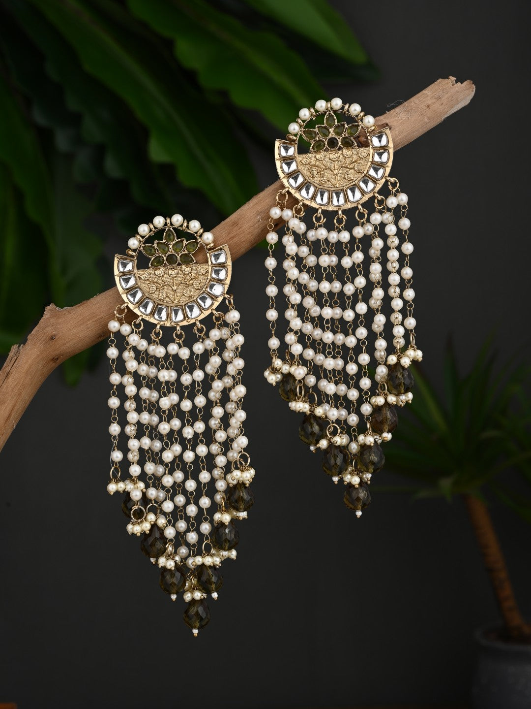 Elegant Pearl & Bead Chandelier Earrings - Green