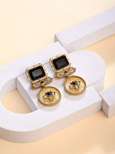 Gold-Plated Geometric Drop Earrings with MOP Filigree Black