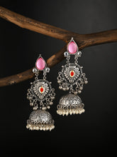 Silver oxydised lightweight long Jhumka Earring - Pink