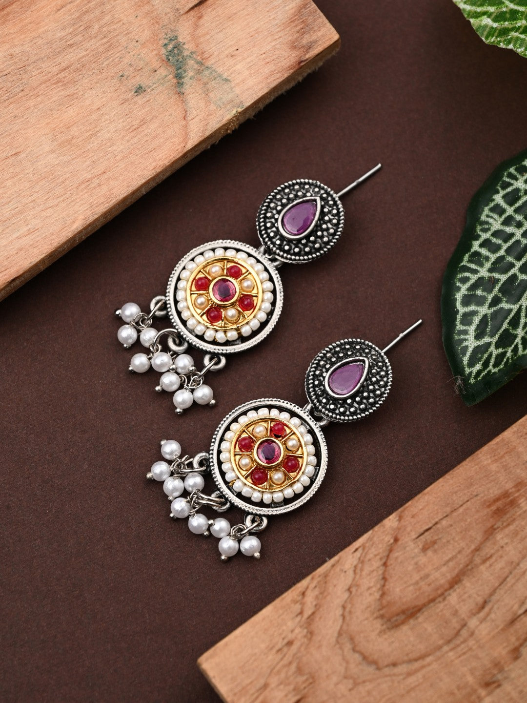 Stones & beads Circular Drop Earring - Pink
