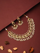 Gold-Plated Kemp Stone Necklace Set with Jhumka Earrings Green