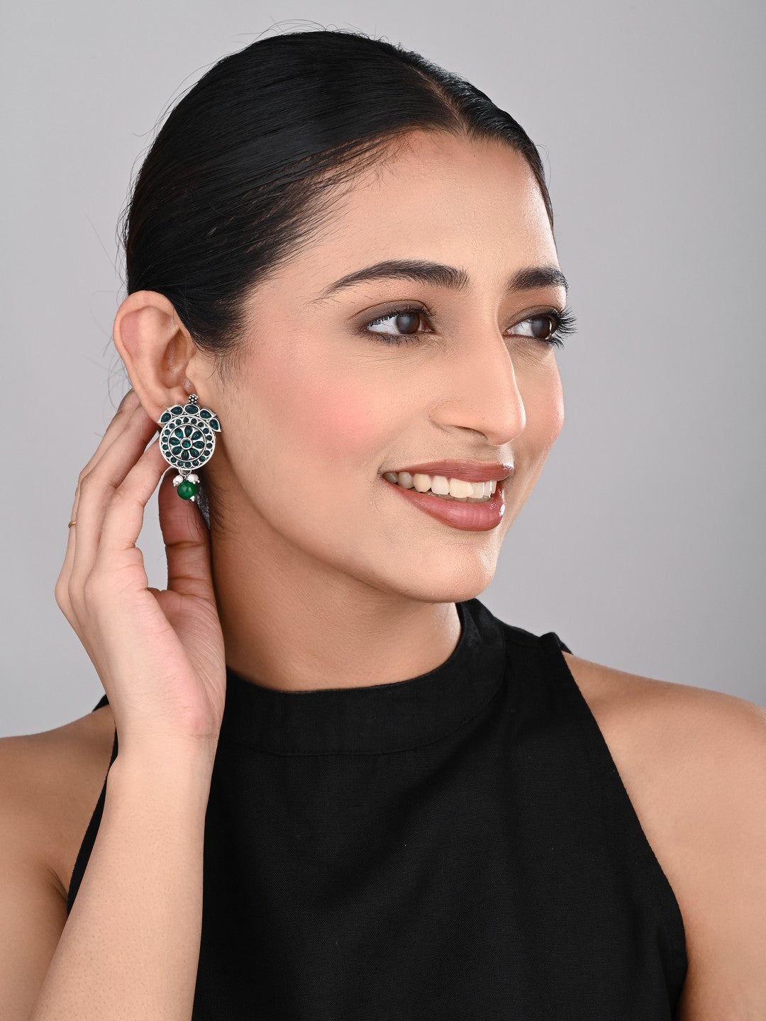 Stones Studded Circular Studs- Green