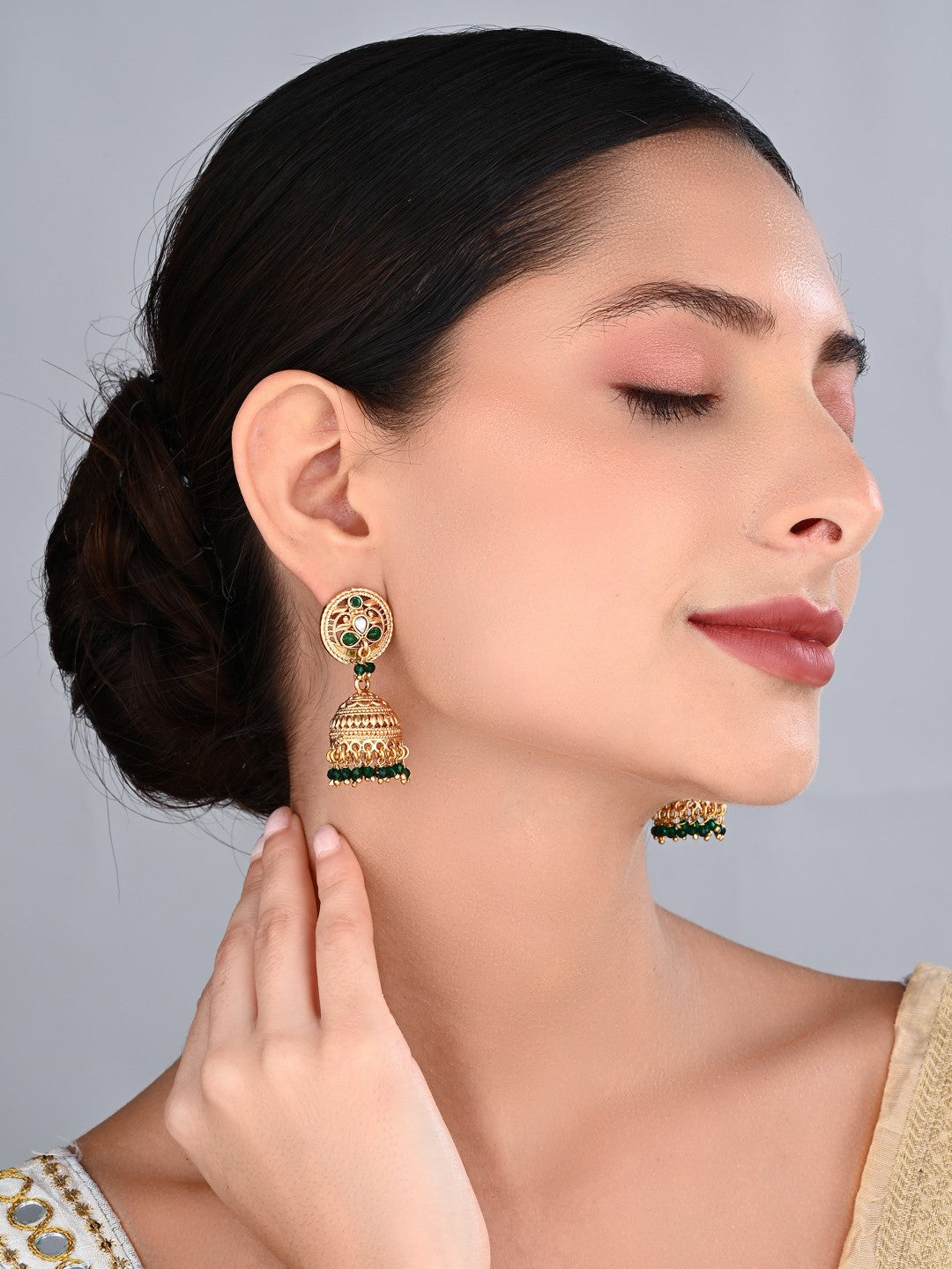 Green Stone Gold-Toned Jhumka Earrings