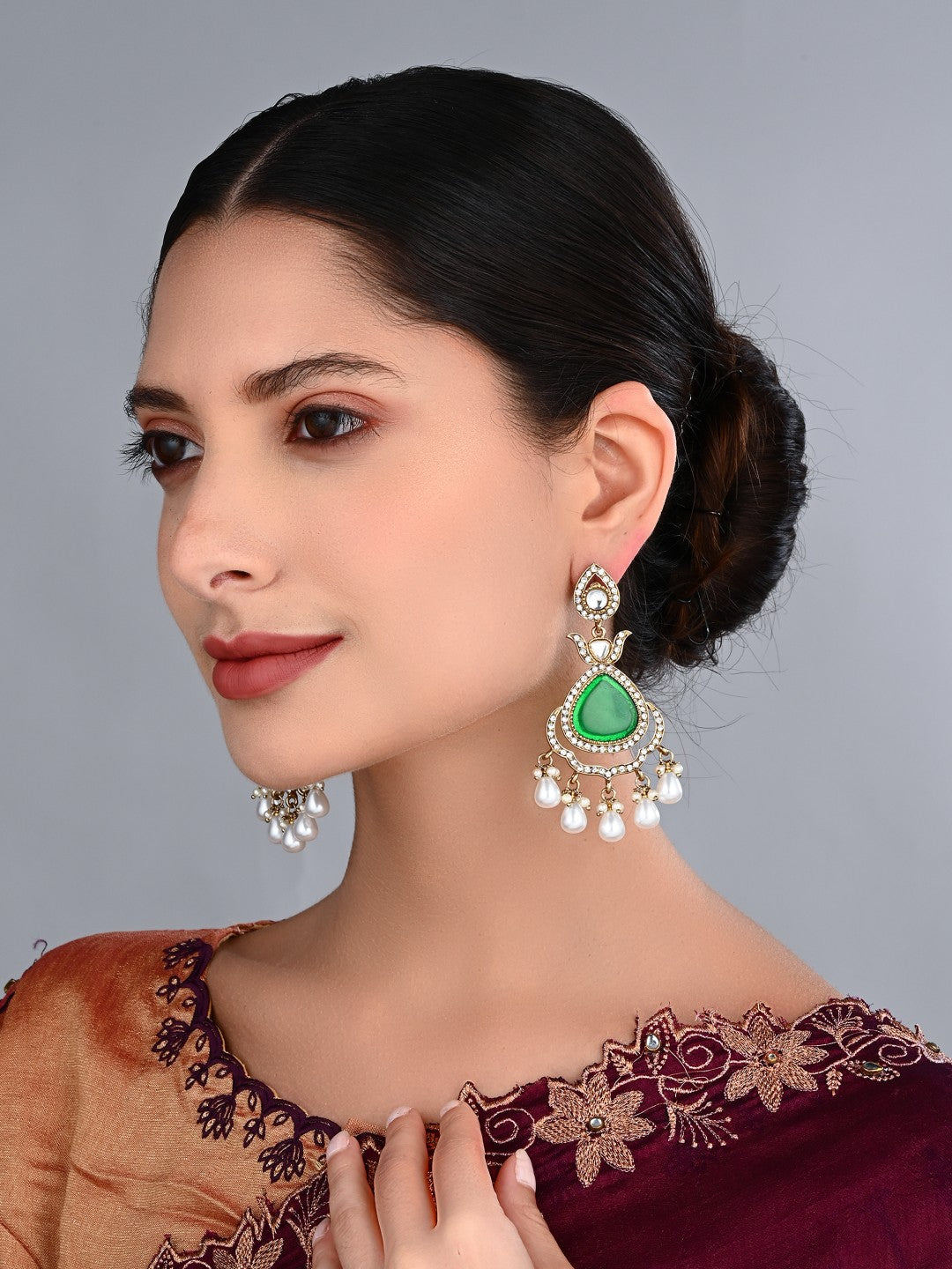 Myra Green Kundan Drop Earrings with Pearl Accents
