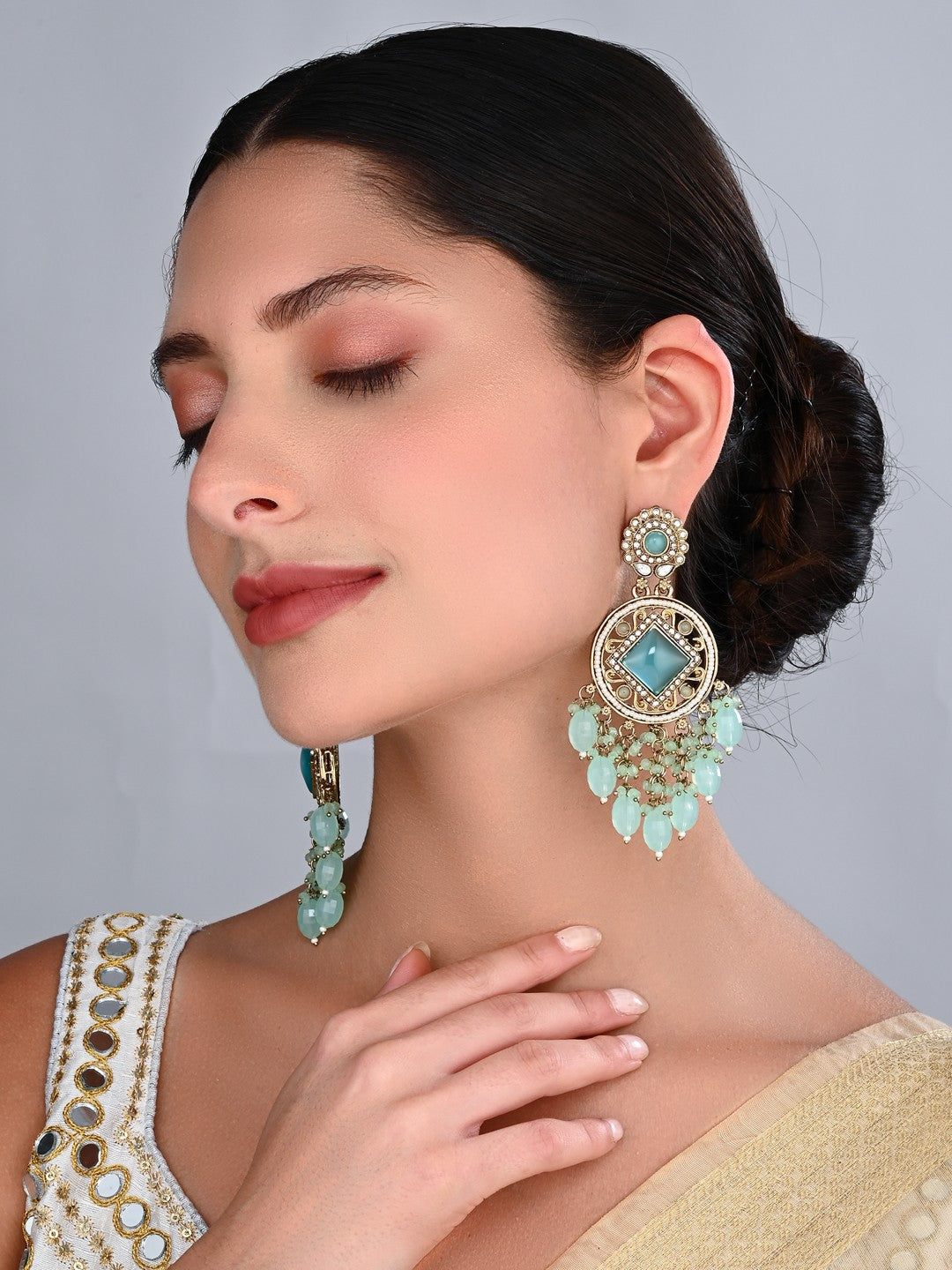 Gold-Toned Kundan Drop Earrings with Turquoise Stones and Bead Fringe