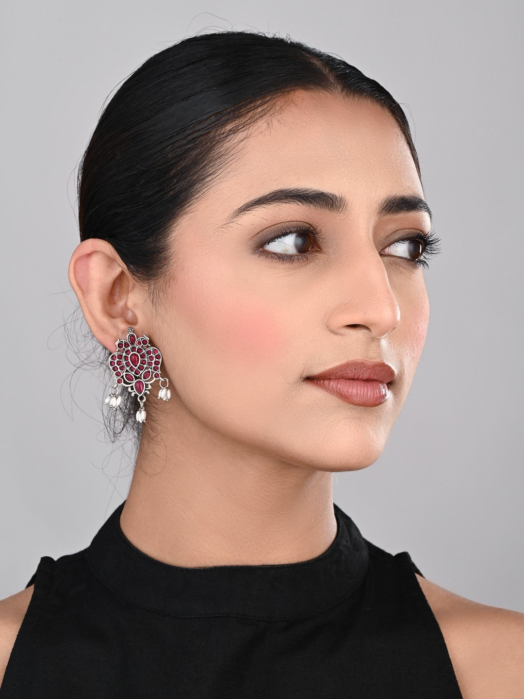 Stones Studded Bird Studs- red