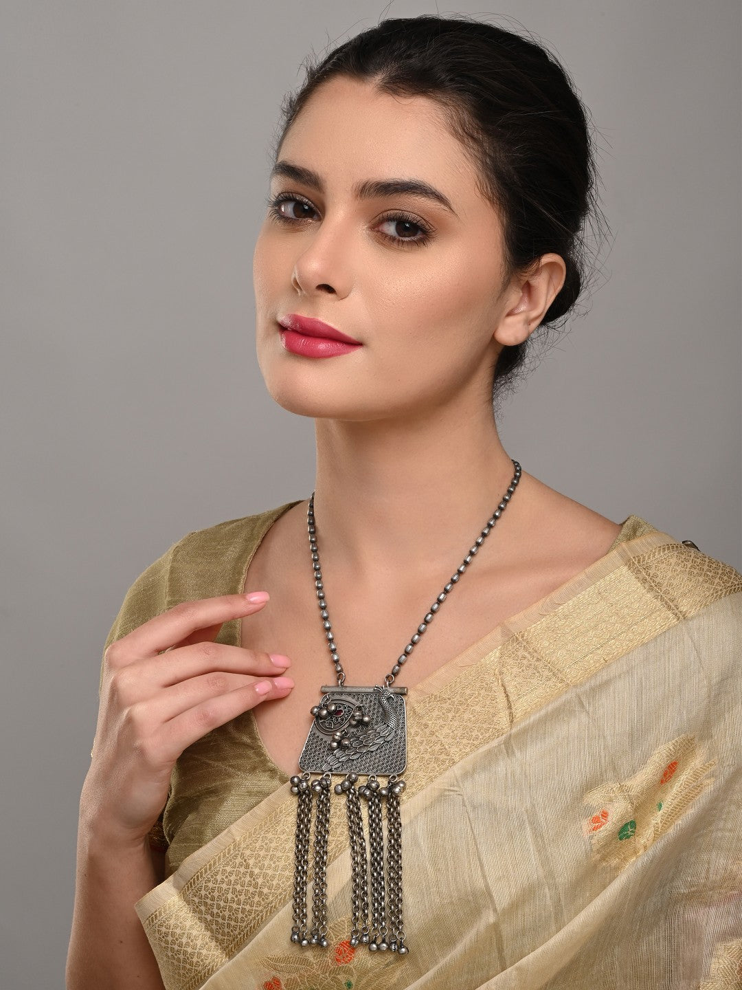 Oxidized Tribal Tassel Pendant Necklace