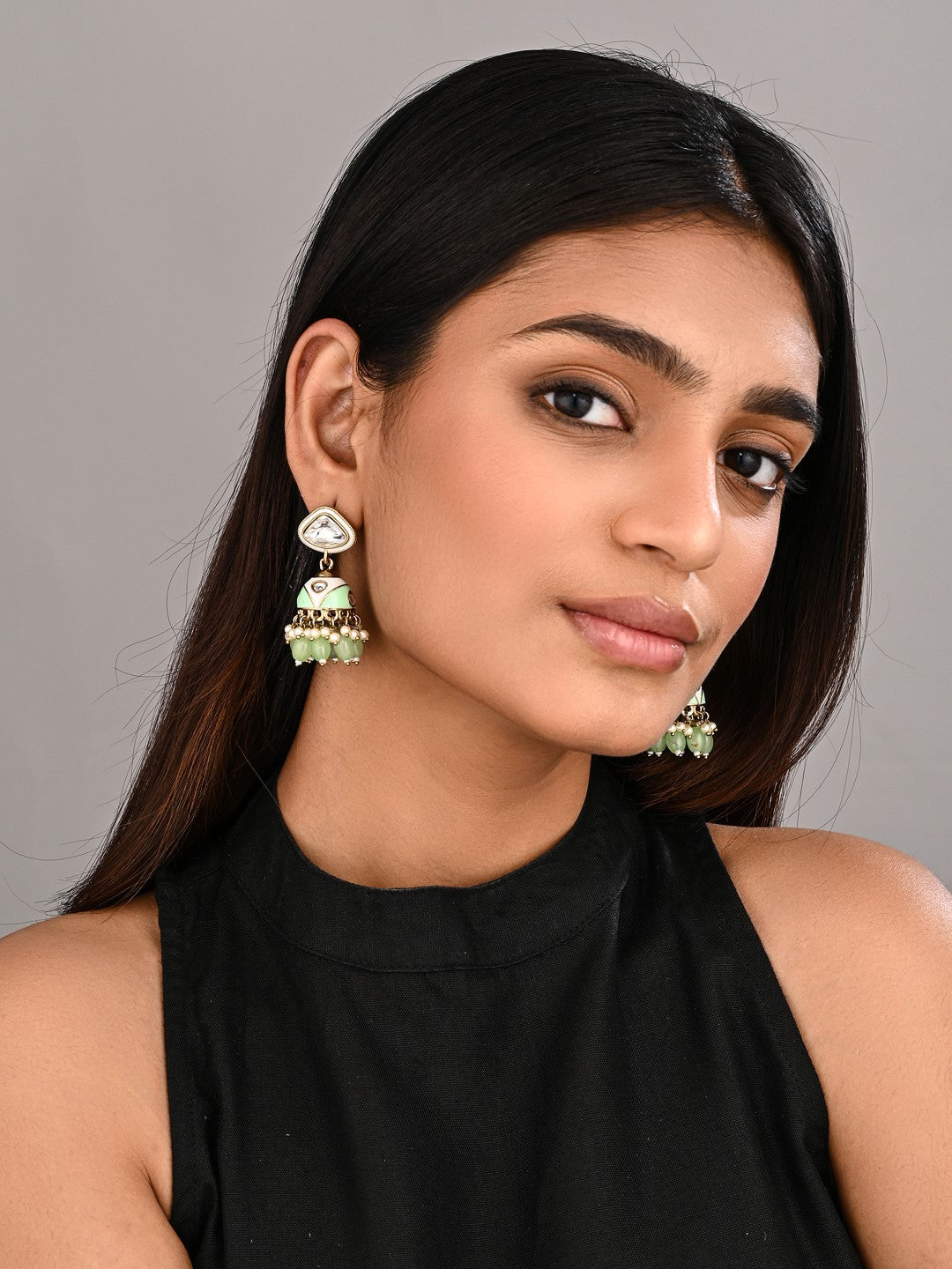 Enamelled Jhumka Earring - Sage green