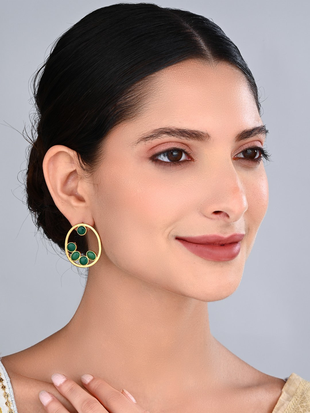 Green Stone Gold-Toned Oval Statement Earrings