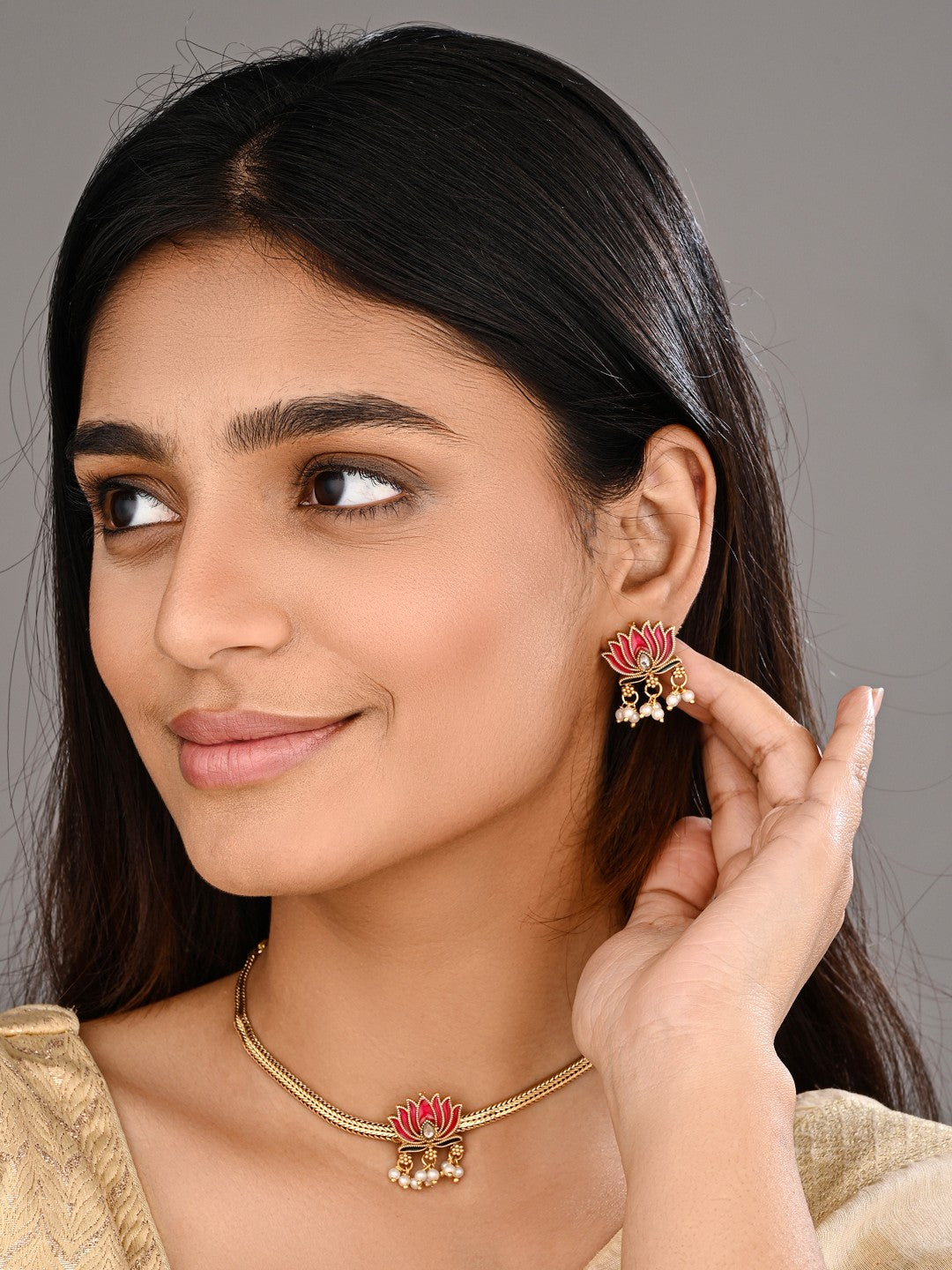 Antique Gold-Tone Pink Lotus Choker Set