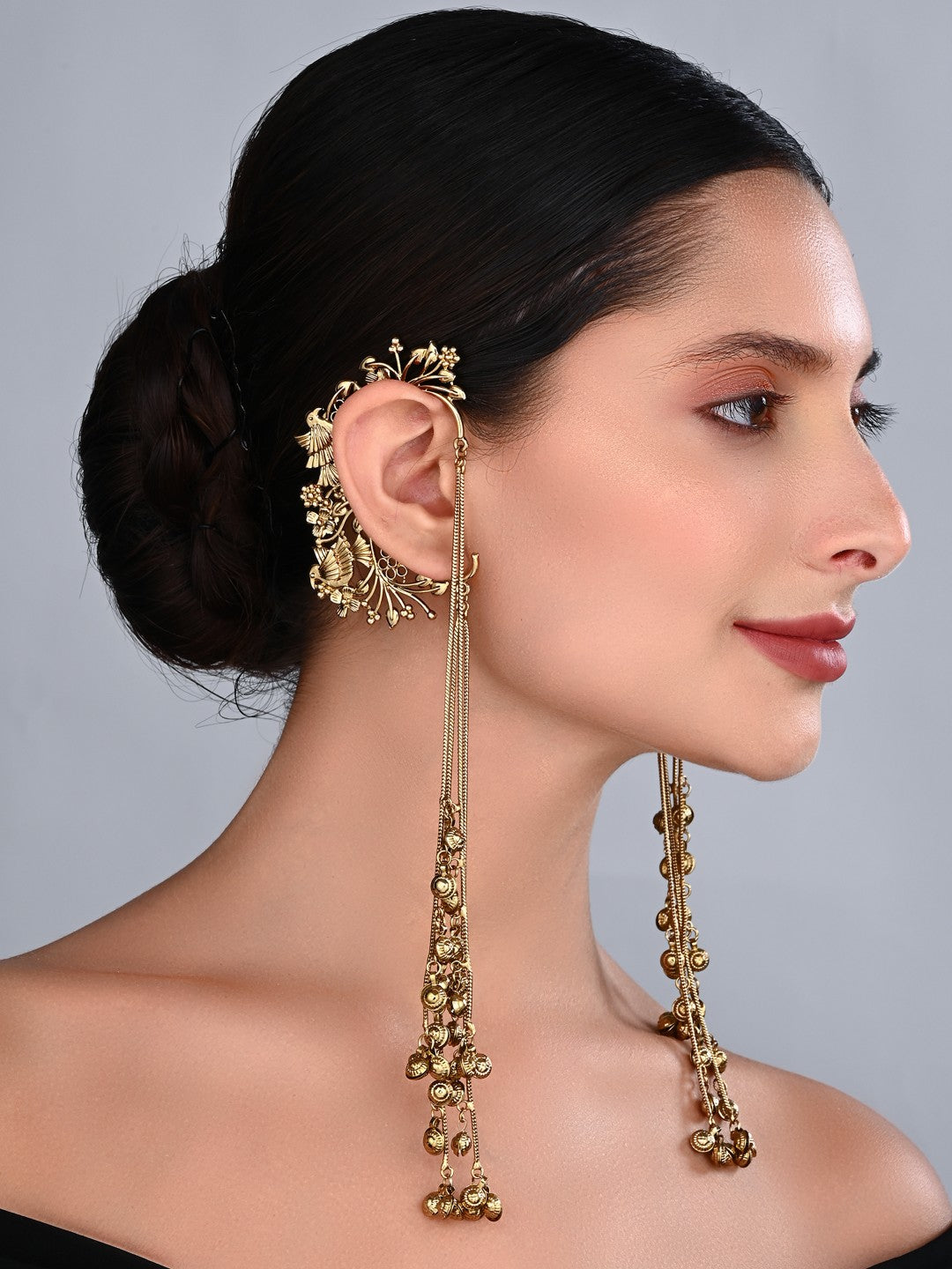 Samaira Gold Floral Ear Cuff Chain Earrings
