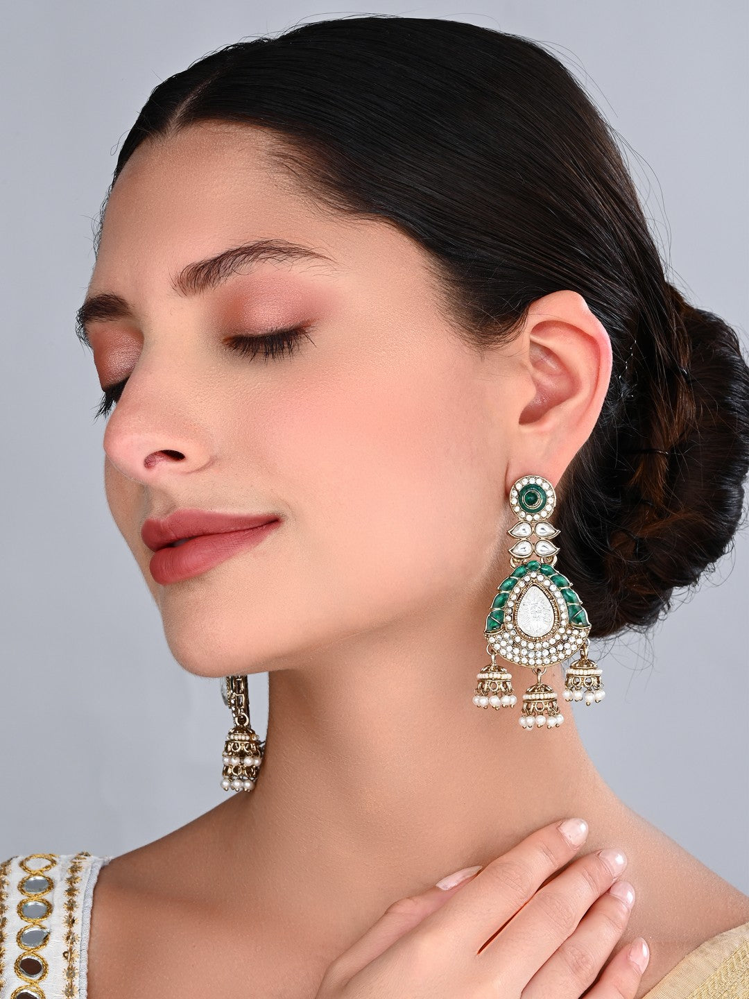 Kundan Chandbali Earrings with Jhumka Drops Green