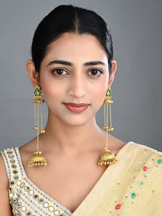 Floral Jhumka Earrings with Ghungroo Chain Tassels green
