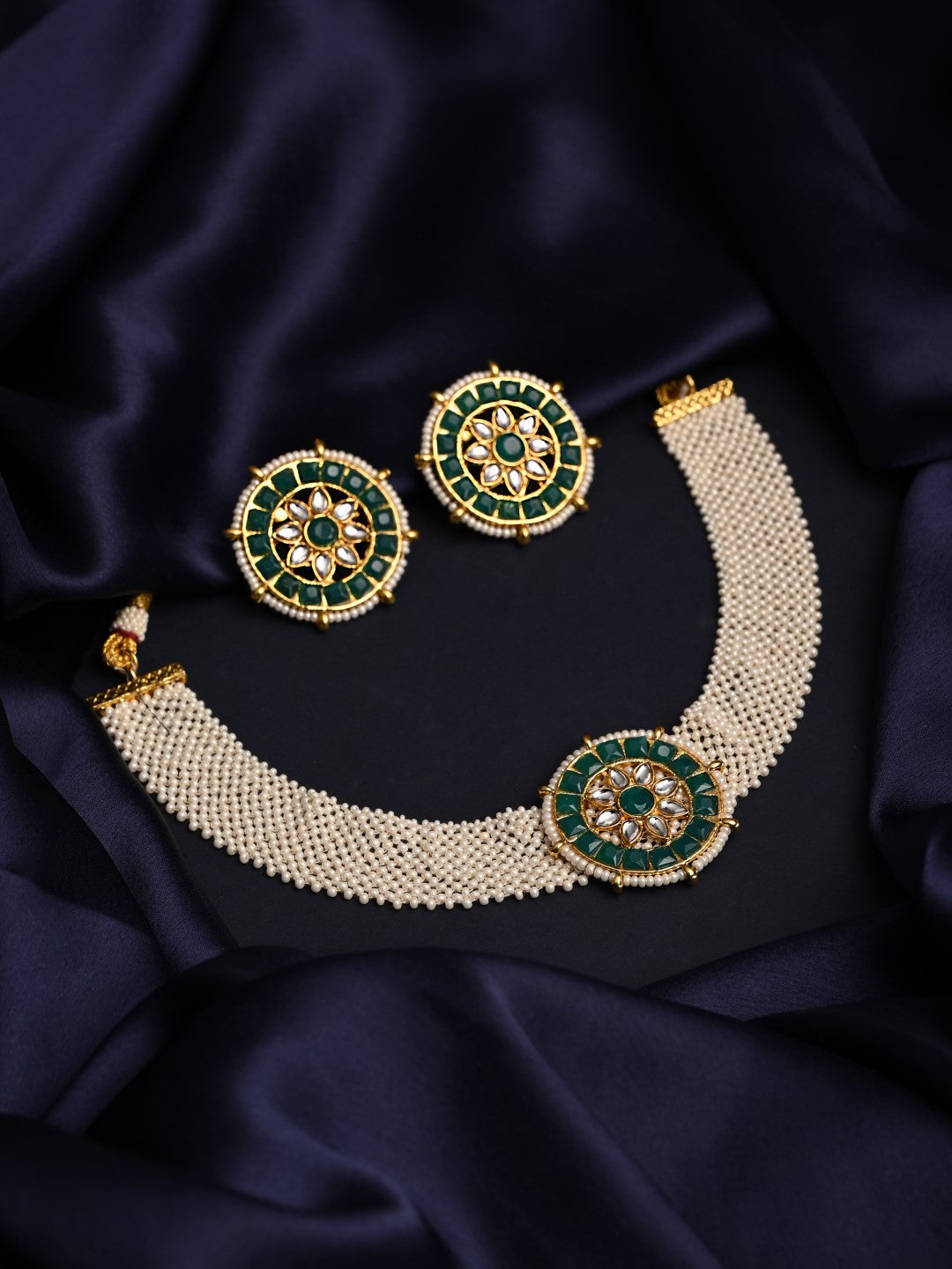 Elegant Kundan Choker Necklace Set with Pearl Mesh Strap Green