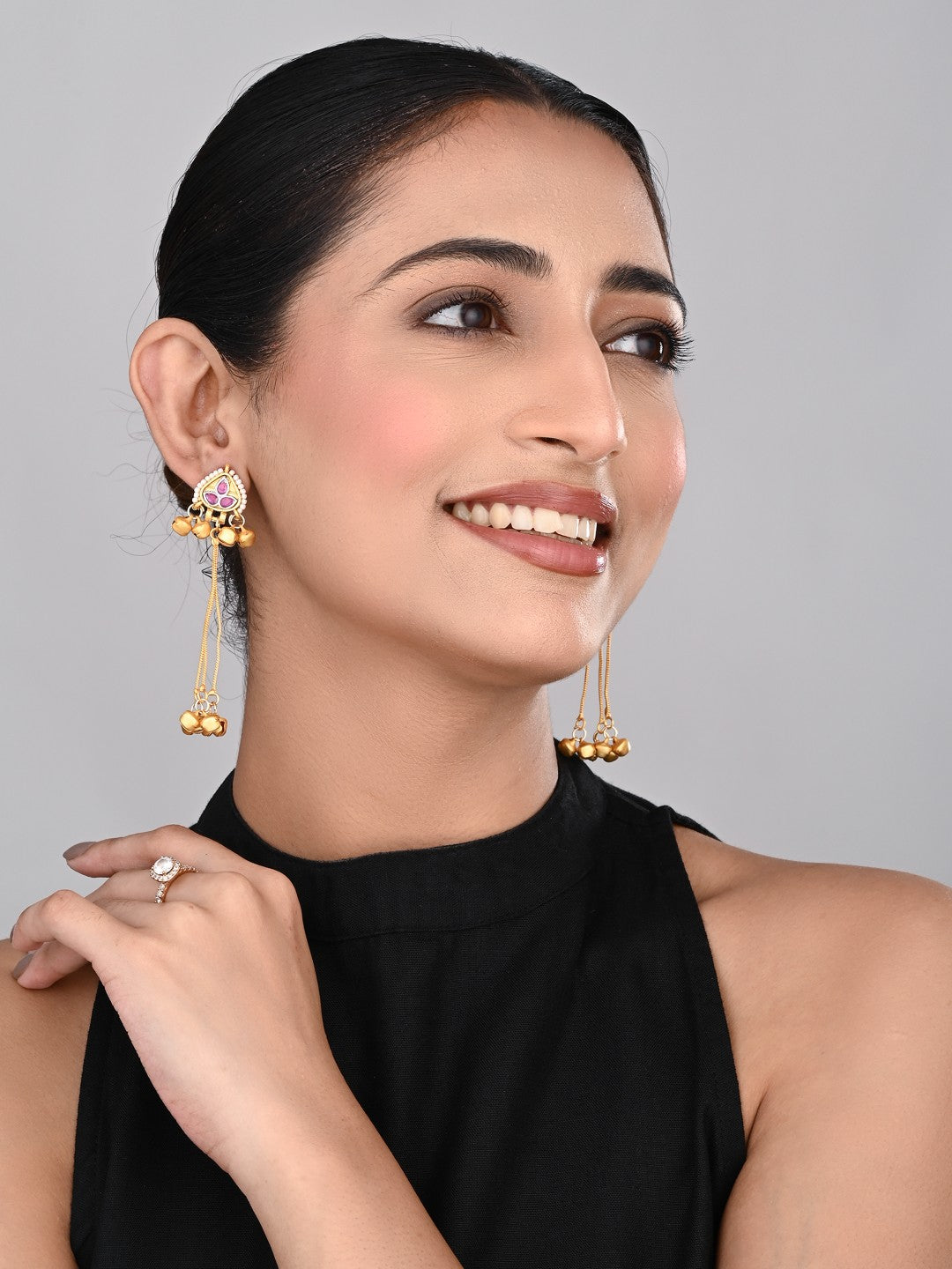 Gold-Plated Temple Bell Earrings- Red