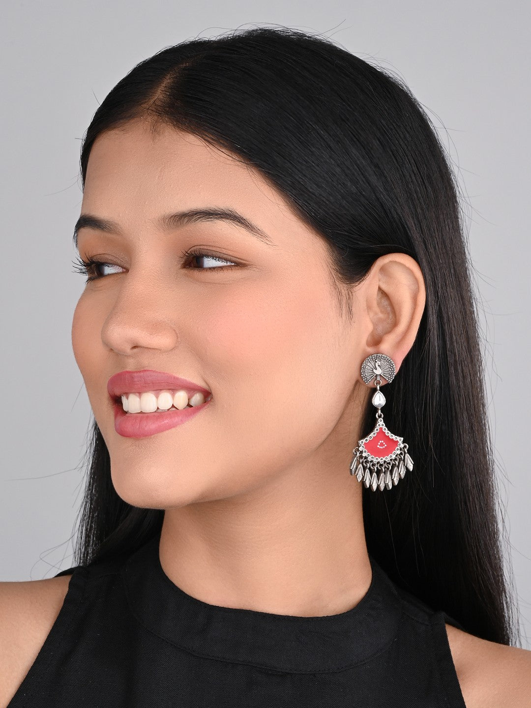Silver Oxidised finish Red hand painted drop earring