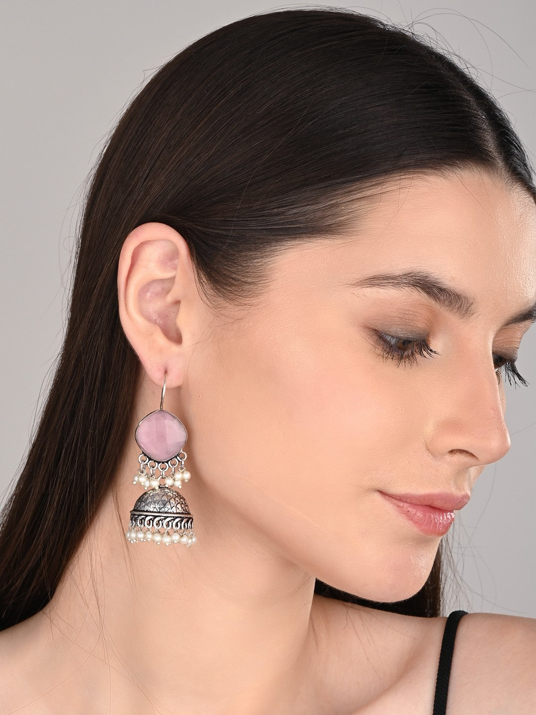 Silver Oxidised finish Jhumka with Pink Stone