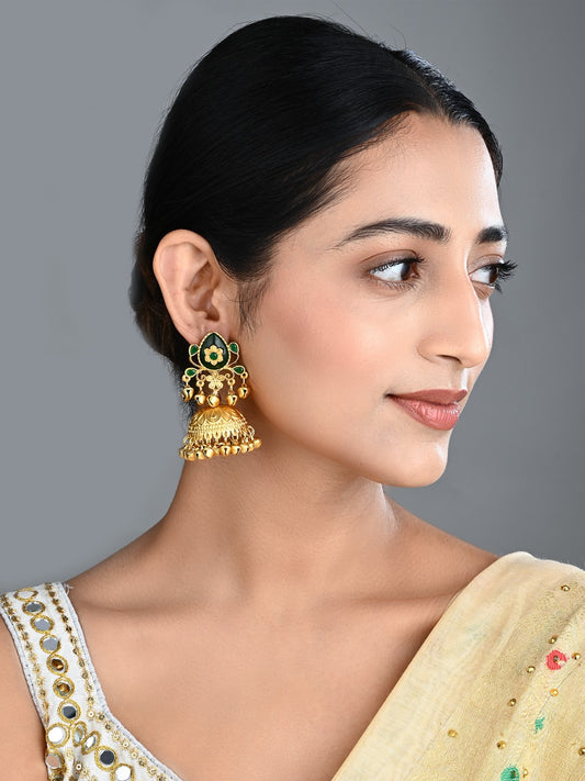 Emerald Temple Jhumka Earrings with Ghungroo Drops