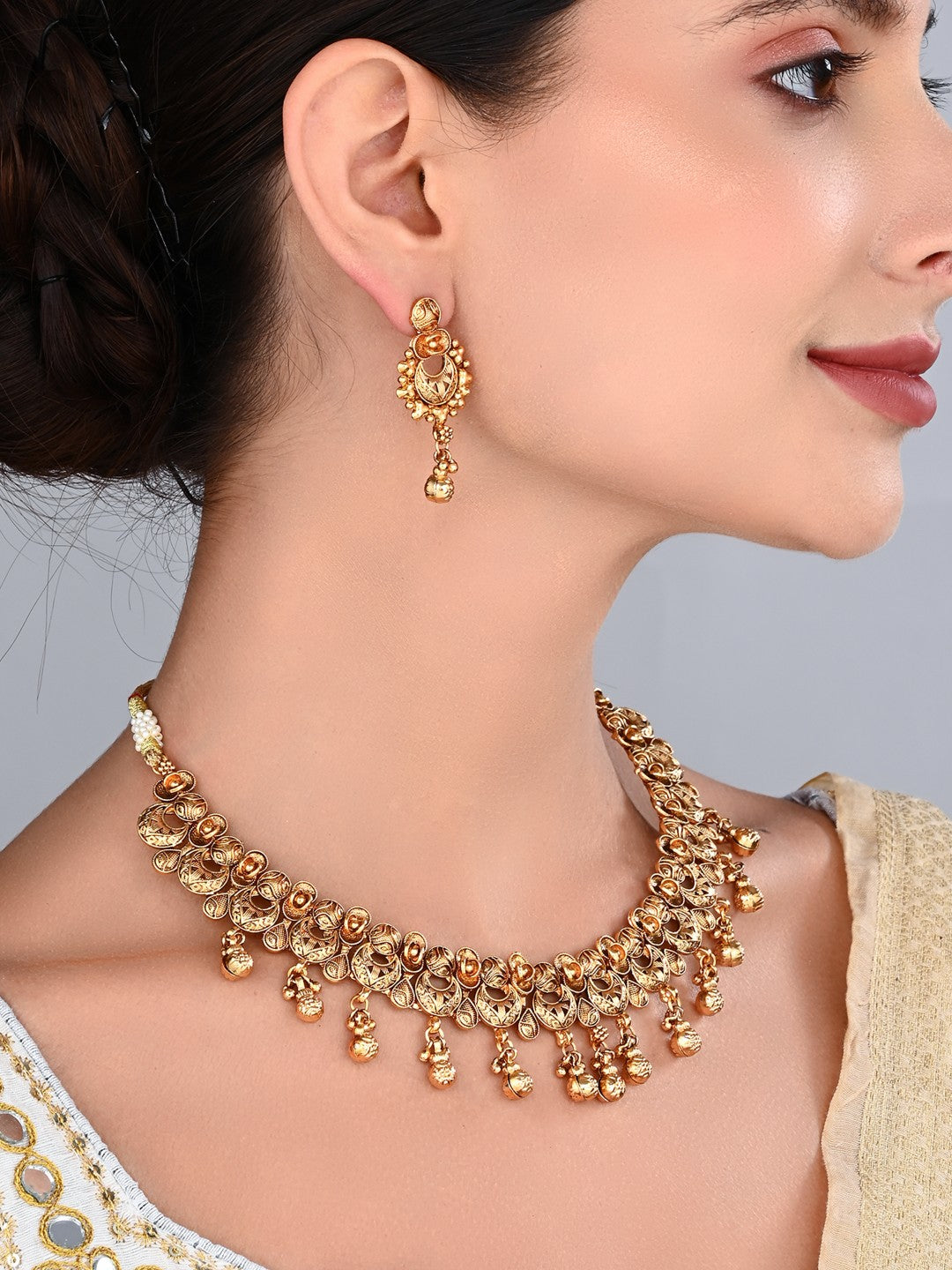 Royal Gold-Tone Pearl Drop Necklace & Earrings Set