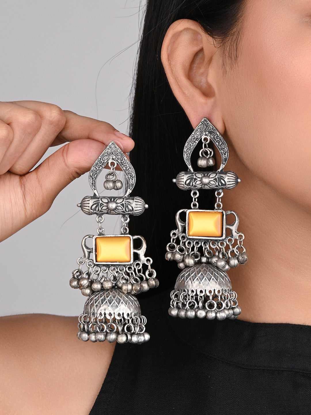 Silver oxydised lightweight long Jhumka with Yellow Stone