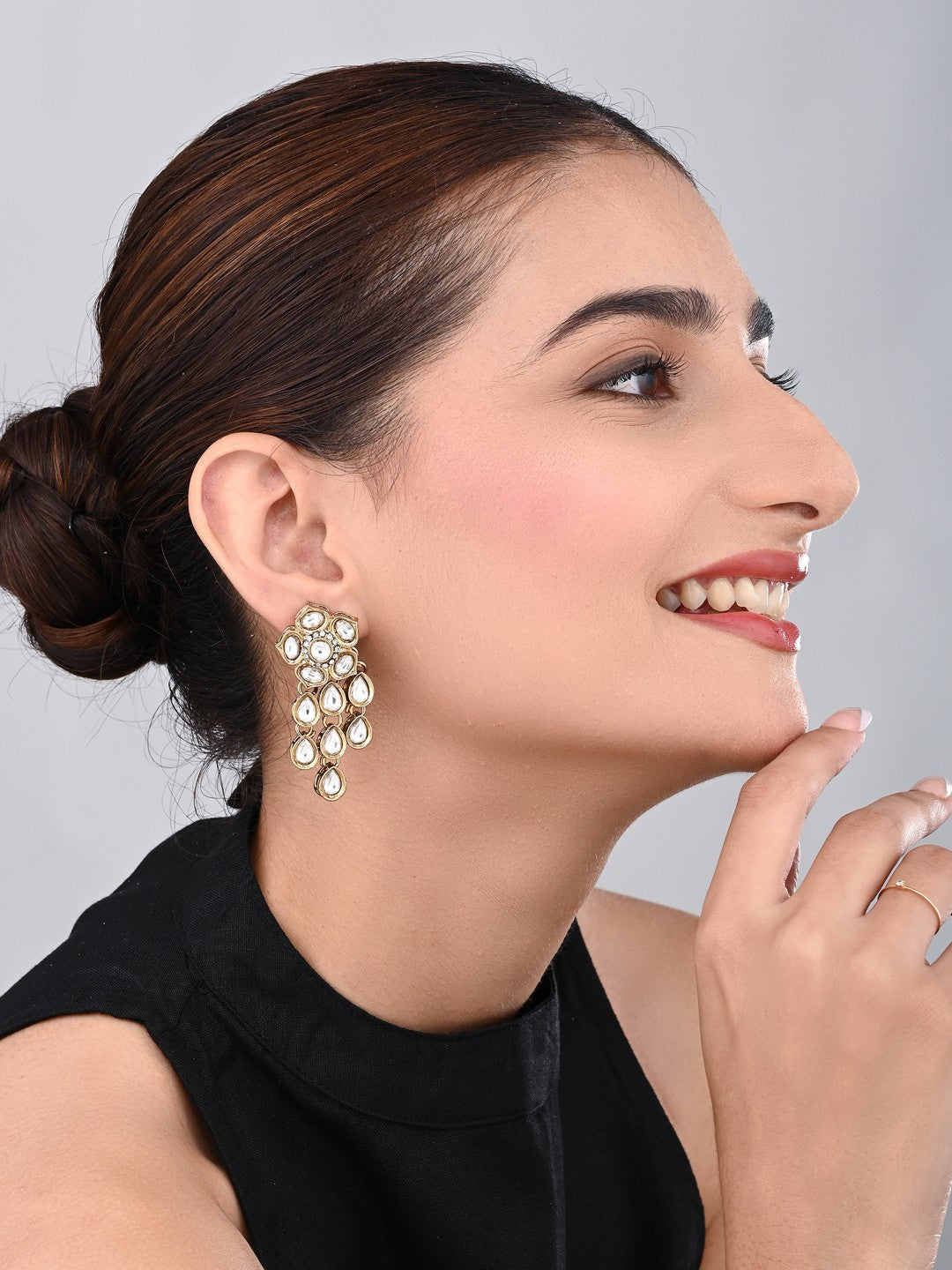 Gold plated Kundan flower drop Earrings - White