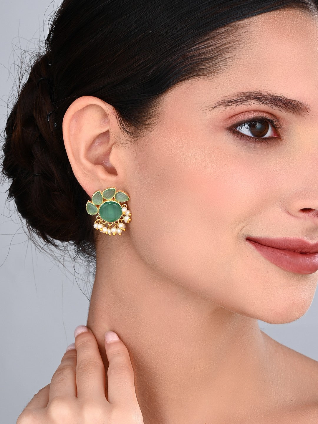 Stone Gold-Toned Earrings with Pearl Drops - Blue