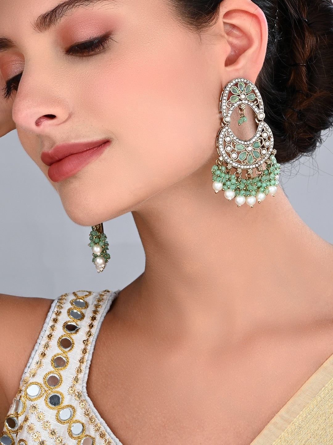 Gold-Toned Kundan Drop Earrings with Mint Green Bead Fringe