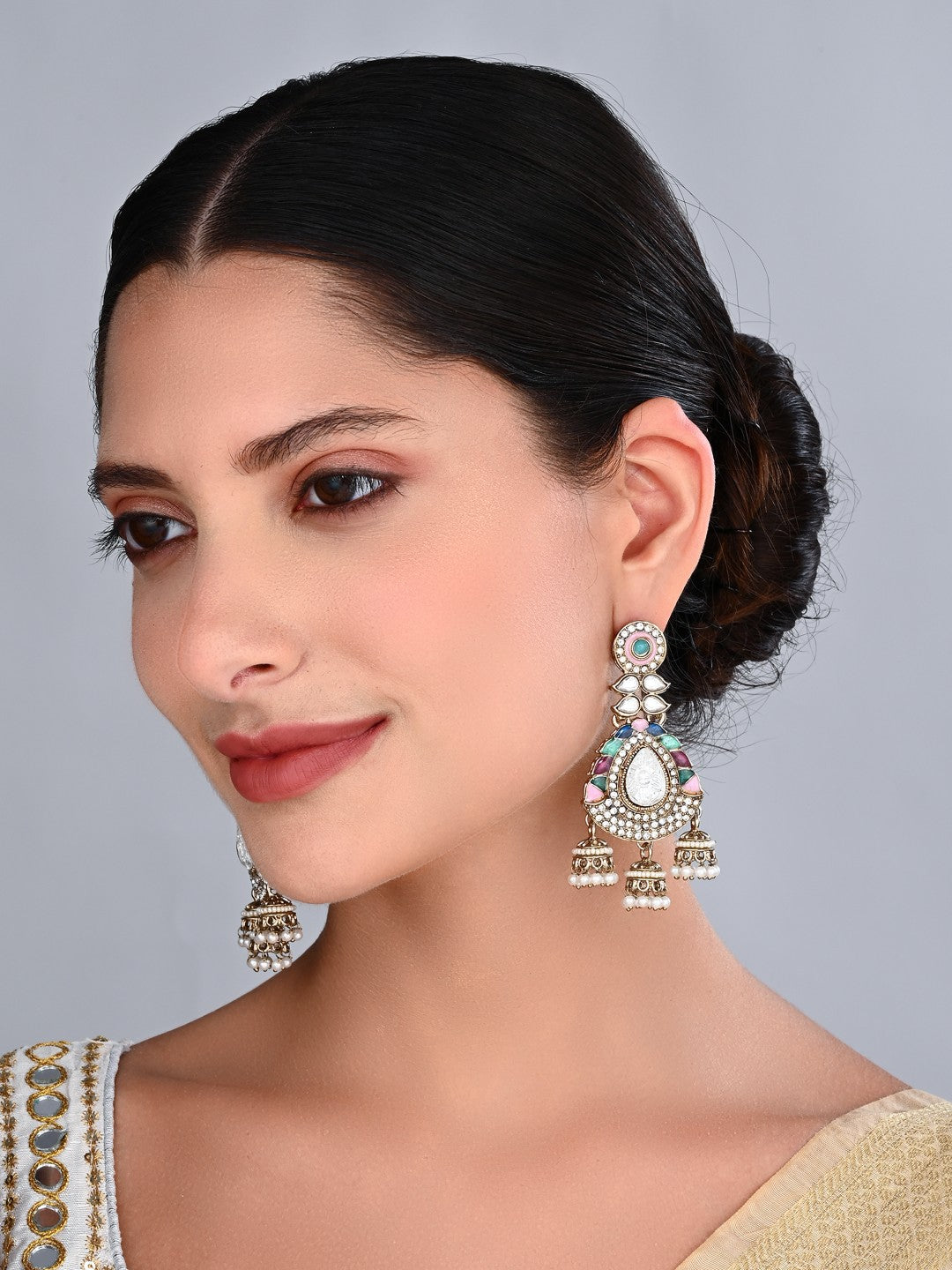 Kundan Chandbali Earrings with Jhumka Drops