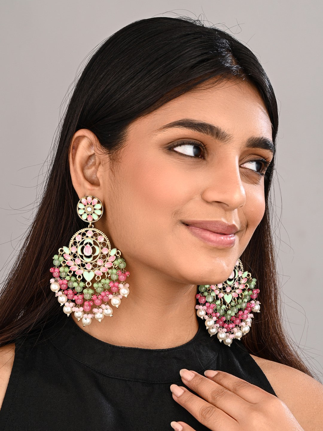 Vibrant Pink & Blue Chandelier Pearl Drop Earring