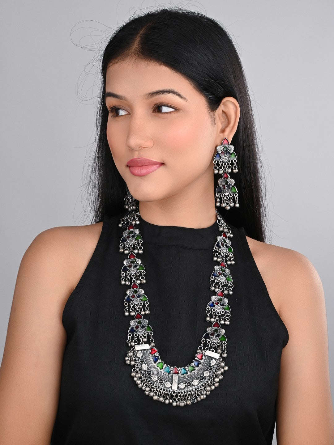 Silver Oxidised Finish Meenakari Necklace Set