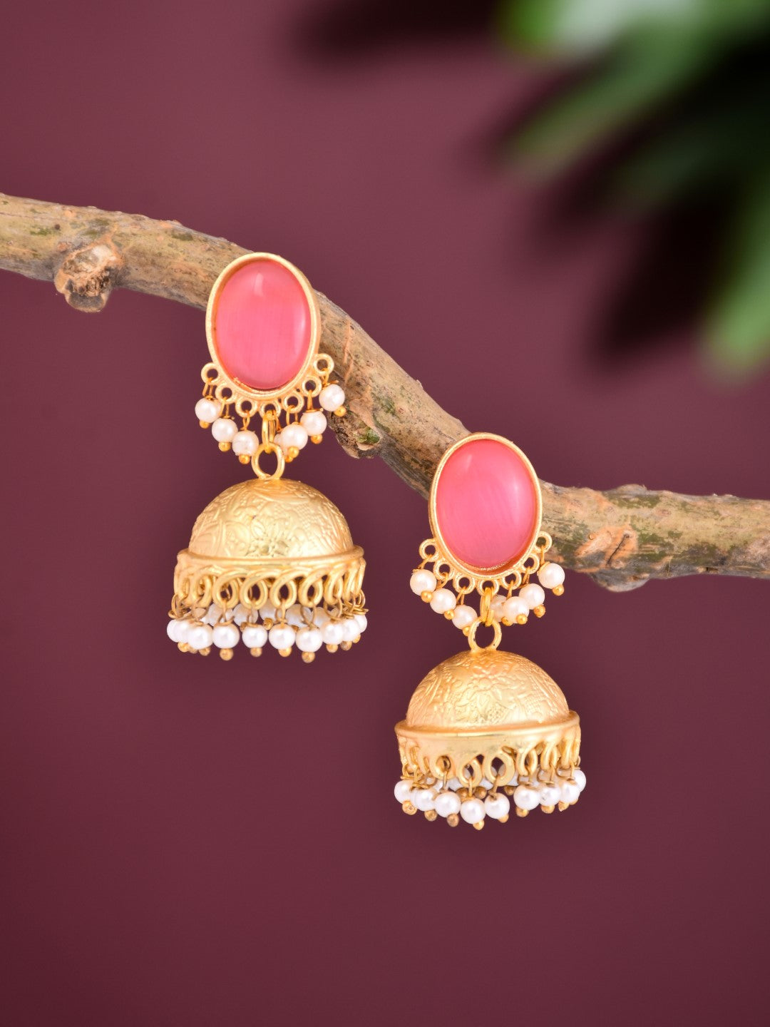 Gold plated Jhumka Earring Pink