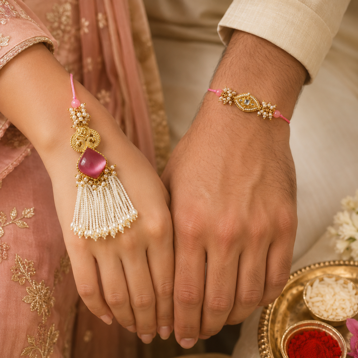 Pink Evil Eye Bhai Bhabhi Rakhi Set with Pearl Tassel Lumba