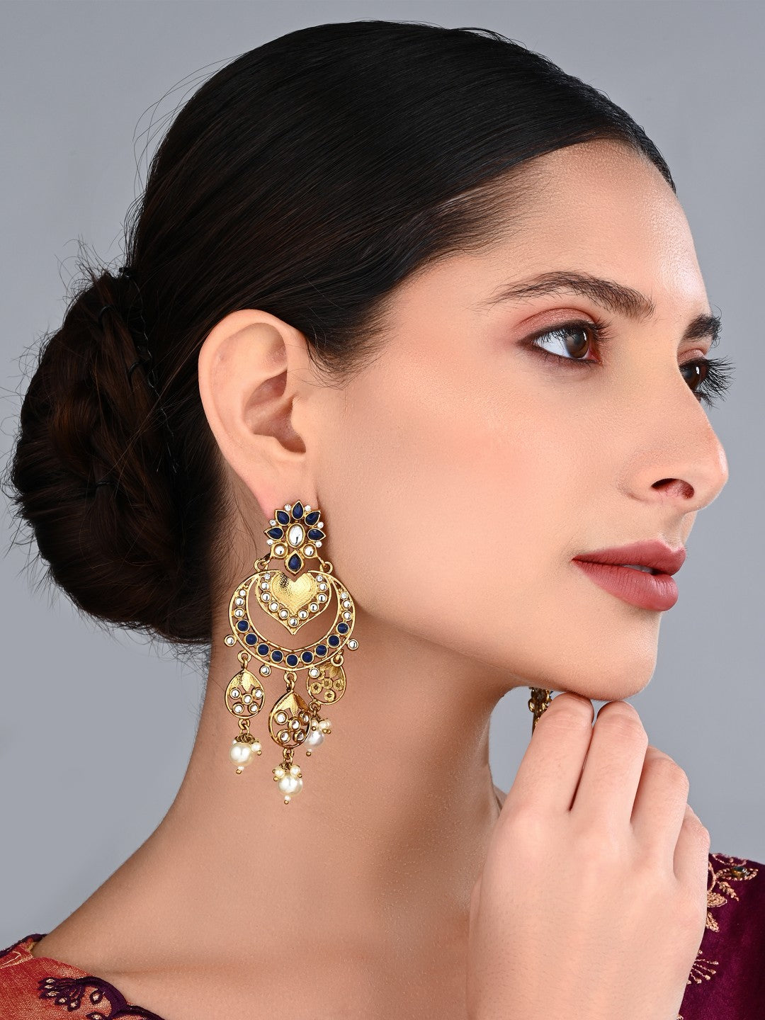 Anaiah Blue Kundan Chandbali Earrings with Pearl Drops