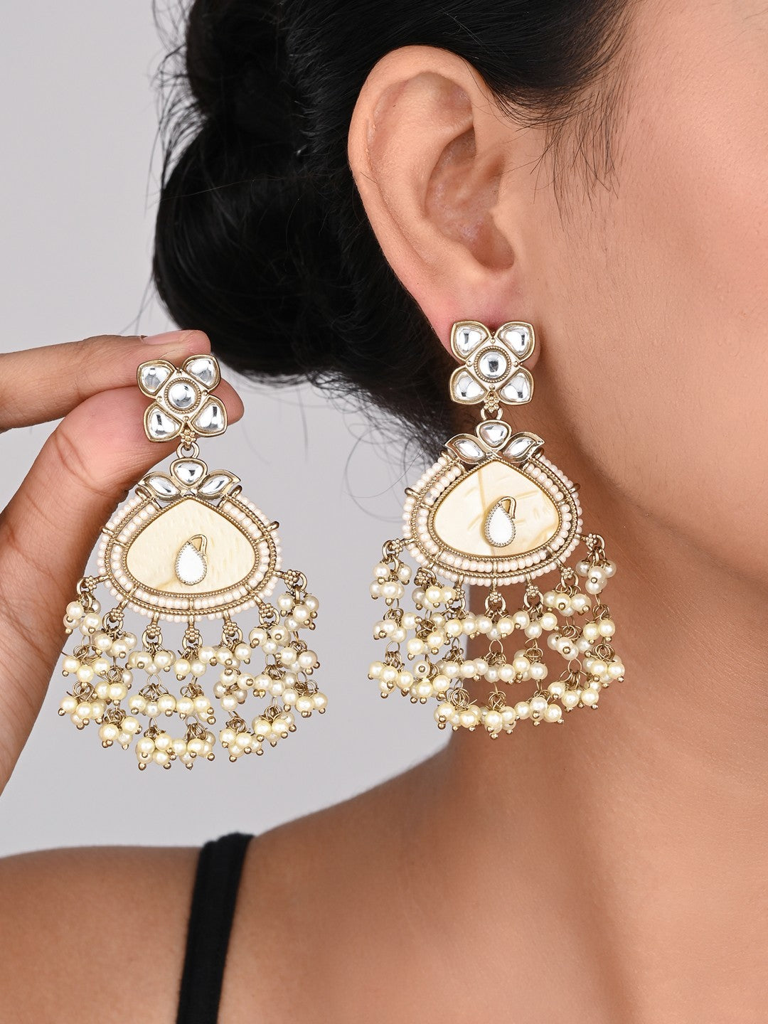 Contemporary kundan, MOP & Meenakari chandbali Earring