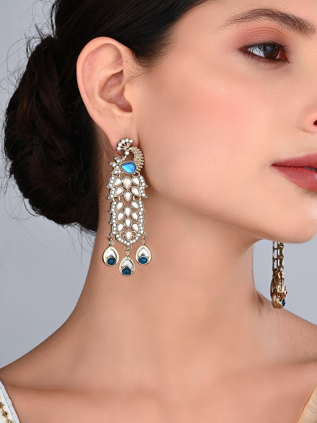 Gold-Toned Drop Earrings with Stone Accents Blue