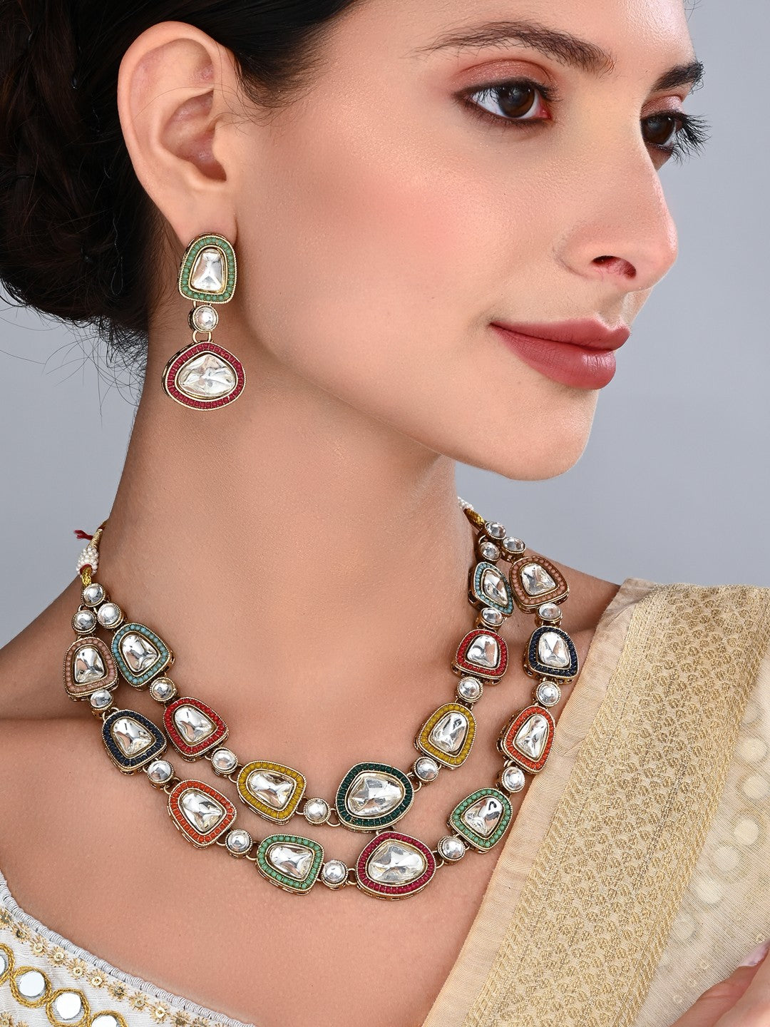 Multicolour Kundan Gold-Tone Necklace & Earrings Set