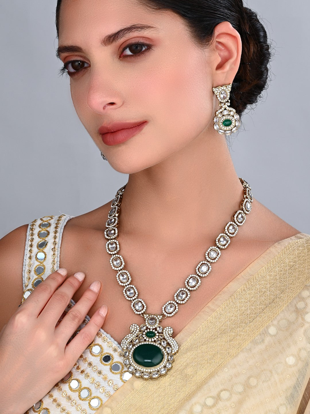 Emerald Green Elegance Gold-Tone Necklace & Earrings Set