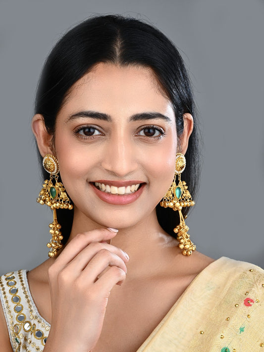 Gold plated Studs Earring with Ear chains Green