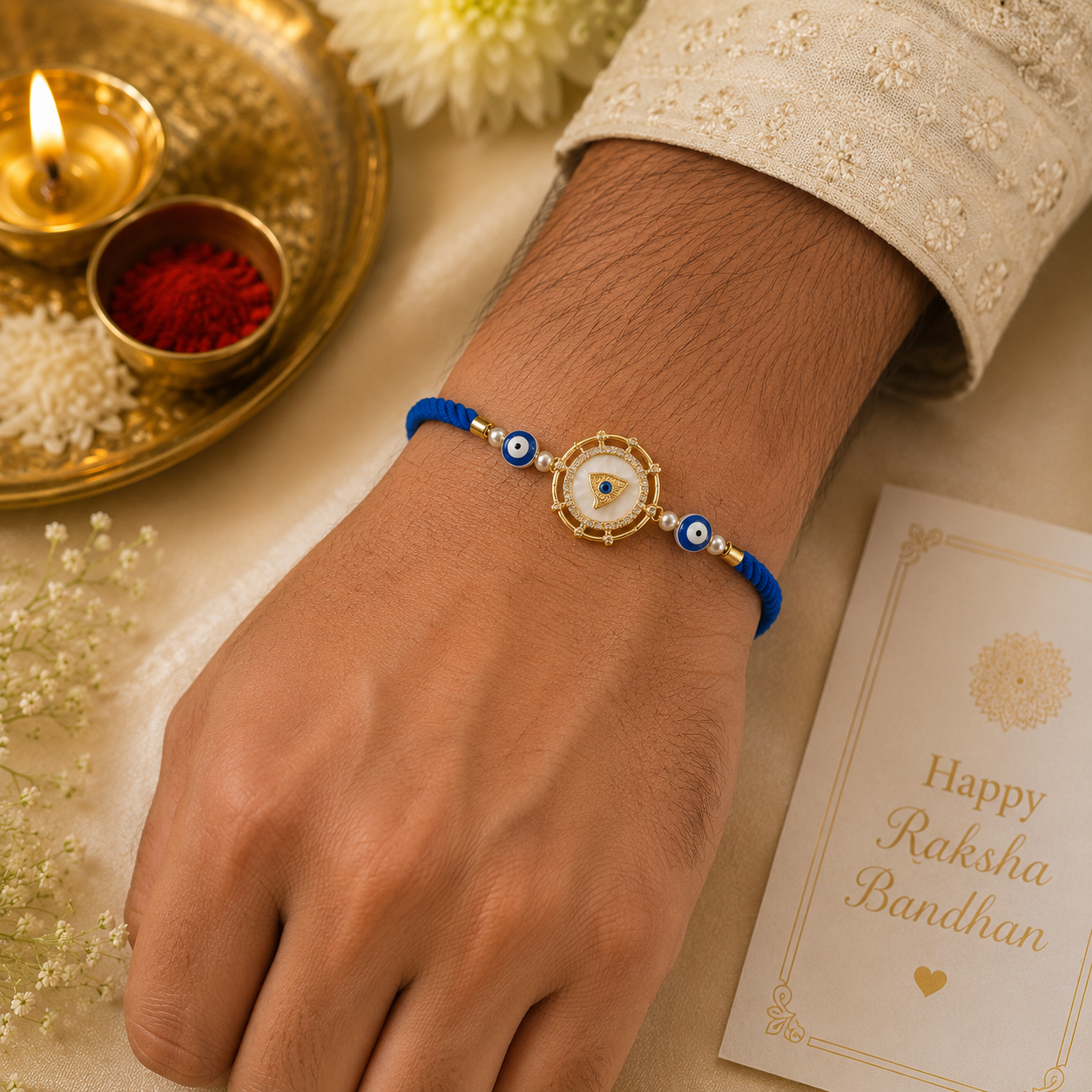 Blue Evil Eye Rakhi with Pearl Accents & Adjustable Thread