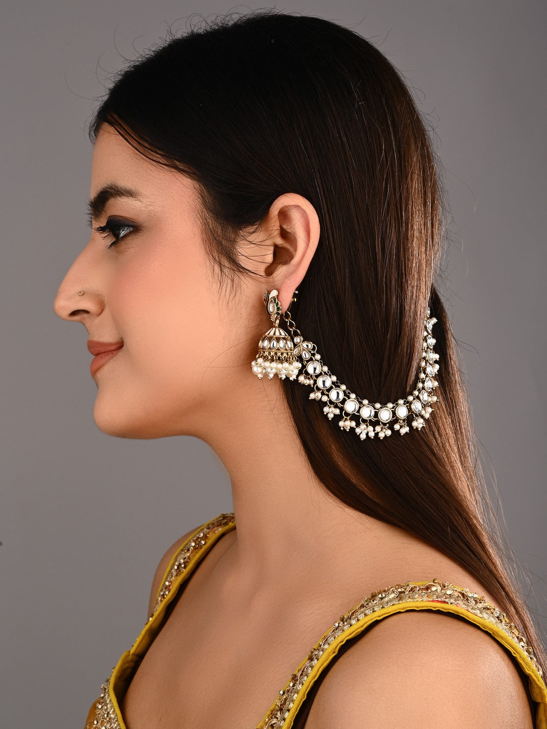 Kundan & Beads double layered ear chains