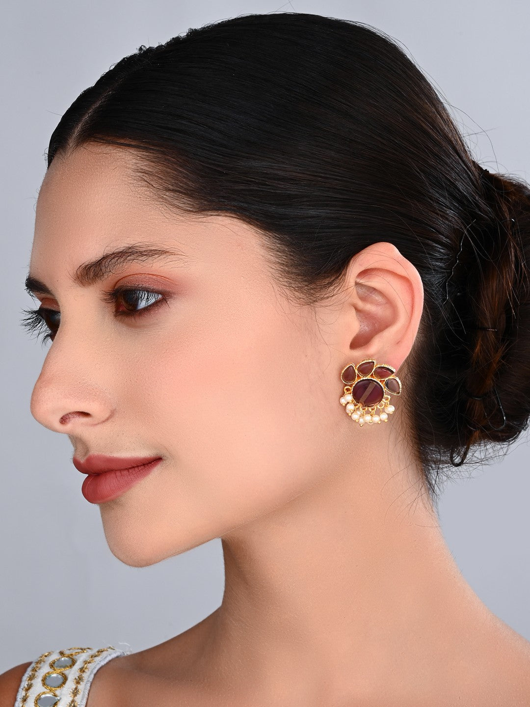 Stone Gold-Toned Earrings with Pearl Drops - Purple
