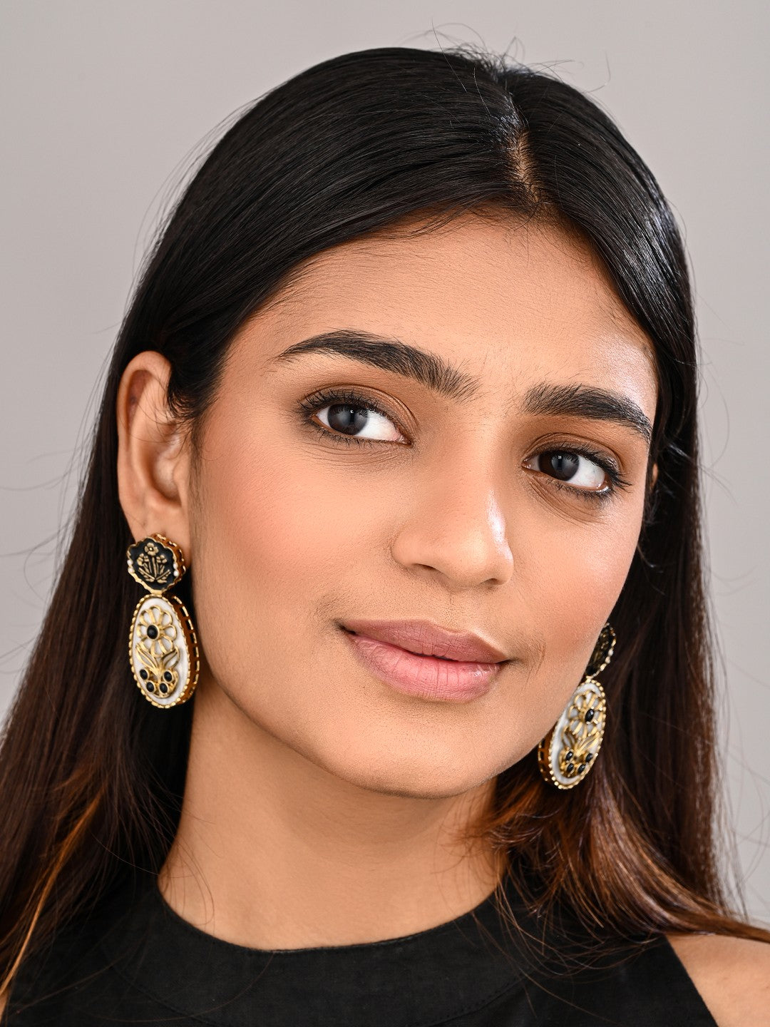 MOP Meenakari Floral Drop Earrings - Black